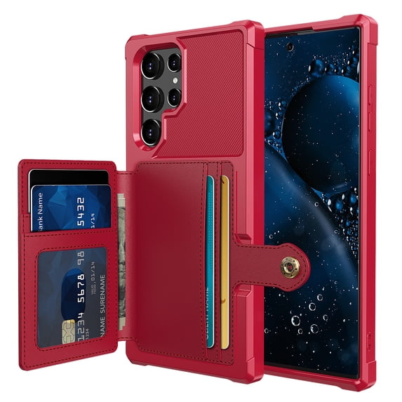 Nalacover Wallet Case for Samsung Galaxy S22 Ultra Multifunctional Design Case, Rugged PC Luxury PU Leather Magnetic Car Mount Cover with Card Slots Holder Shockproof Lens Protective Case, Red