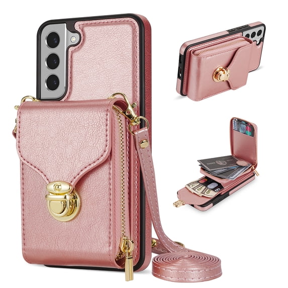 Nalacover Wallet Case for Samsung Galaxy S22,with Removable Adjustable Shoulder Strap,PU Leather Back Zipper Pocket Card Holder Stand Purse Shockproof Phone Case for Women Men,Rosegold