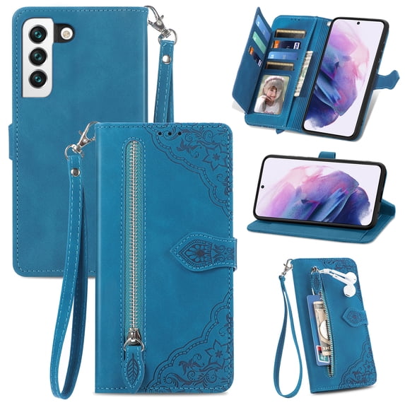 Nalacover Wallet Case for Samsung Galaxy S23, Embossed Pattern Design Zipper Pocket Handbag Wrist Strap Premium PU Leather Flip Cover with Card Slots Holder Magnetic Clasp Kickstand Case, Blue