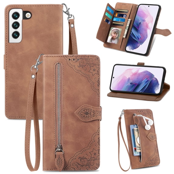 Nalacover Wallet Case for Samsung Galaxy S23, Embossed Pattern Design Zipper Pocket Handbag Wrist Strap Premium PU Leather Flip Cover with Card Slots Holder Magnetic Clasp Kickstand Case, Brown