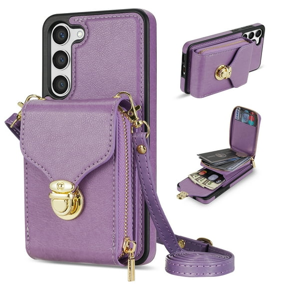 Nalacover Wallet Case for Samsung Galaxy S23 Plus,with Removable Adjustable Shoulder Strap,PU Leather Back Zipper Pocket Card Holder Stand Purse Shockproof Phone Case for Women Men,Purple
