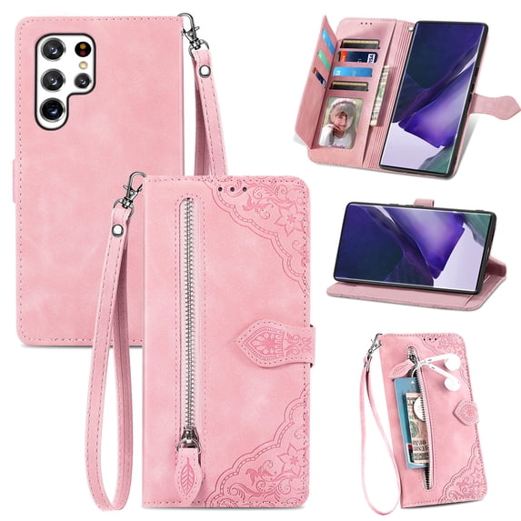 Nalacover Wallet Case for Samsung Galaxy S23 Ultra, Embossed Pattern Design Zipper Pocket Handbag Wrist Strap Premium PU Leather Flip Cover with Card Slots Holder Magnetic Clasp Kickstand Case,Pink