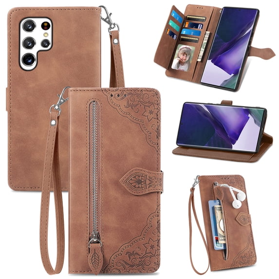Nalacover Wallet Case for Samsung Galaxy S23 Ultra, Embossed Pattern Design Zipper Pocket Handbag Wrist Strap Premium PU Leather Flip Cover with Card Slots Holder Magnetic Clasp Kickstand Case,Brown