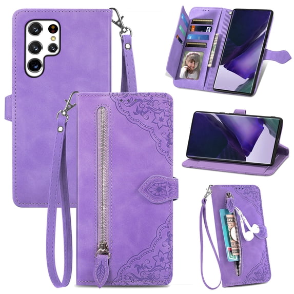 Nalacover Wallet Case for Samsung Galaxy S23 Ultra, Embossed Pattern Design Zipper Pocket Handbag Wrist Strap Premium PU Leather Flip Cover with Card Slots Holder Magnetic Clasp Kickstand Case,Purple