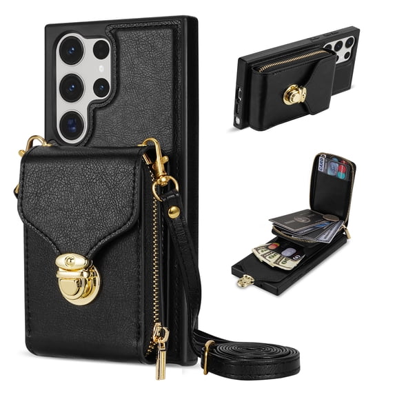 Nalacover Wallet Case for Samsung Galaxy S23 Ultra,with Removable Adjustable Shoulder Strap,PU Leather Back Zipper Pocket Card Holder Stand Purse Shockproof Phone Case for Women Men,Black