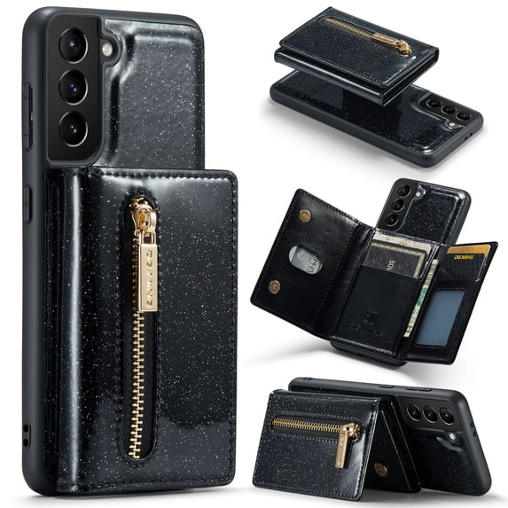 Nalacover Wallet Case for Samsung Galaxy S24, 2 in 1 Design Luxury PU Leather Cover with Detachable Card Holder for Galaxy S24, Zipper Purse Kickstand Shockproof Case, Black