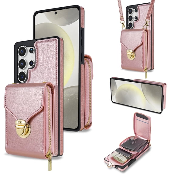 Nalacover Wallet Case for Samsung Galaxy S25 Ultra,with Removable Adjustable Shoulder Strap,PU Leather Back Zipper Pocket Card Holder Stand Purse Shockproof Phone Case for Women Men,Rosegold