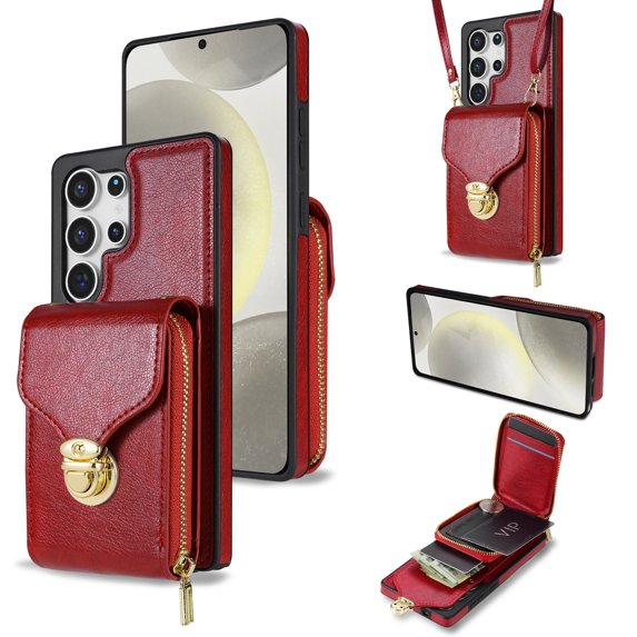 Nalacover Wallet Case for Samsung Galaxy S25 Ultra,with Removable Adjustable Shoulder Strap,PU Leather Back Zipper Pocket Card Holder Stand Purse Shockproof Phone Case for Women Men,Red