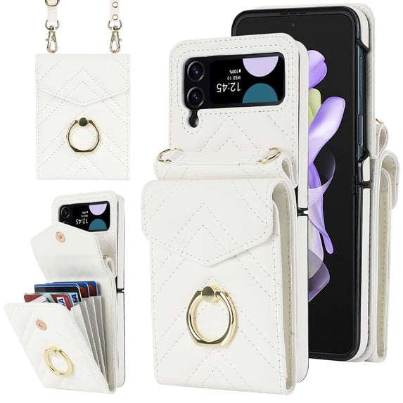 Nalacover Wallet Case for Samsung Galaxy Z Flip 3, RFID Blocking Crossbody Premium PU Leather Lanyard Shoulder Strap Back Purse Cover with Card Slots Metal Ring Holder Shockproof Case,White