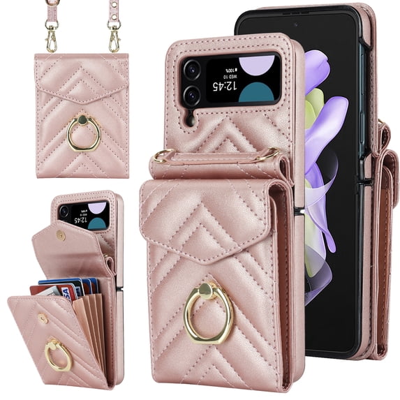Nalacover Wallet Case for Samsung Galaxy Z Flip 3, RFID Blocking Crossbody Premium PU Leather Lanyard Shoulder Strap Back Purse Cover with Card Slots Metal Ring Holder Shockproof Case,Rosegold