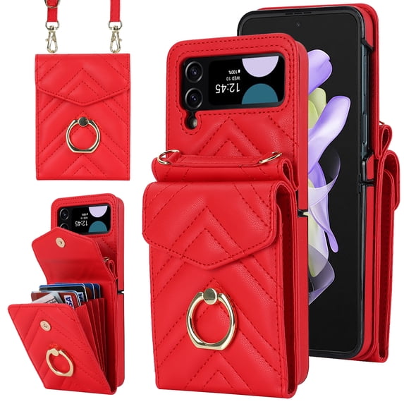 Nalacover Wallet Case for Samsung Galaxy Z Flip 3, RFID Blocking Crossbody Premium PU Leather Lanyard Shoulder Strap Back Purse Cover with Card Slots Metal Ring Holder Shockproof Case,Red