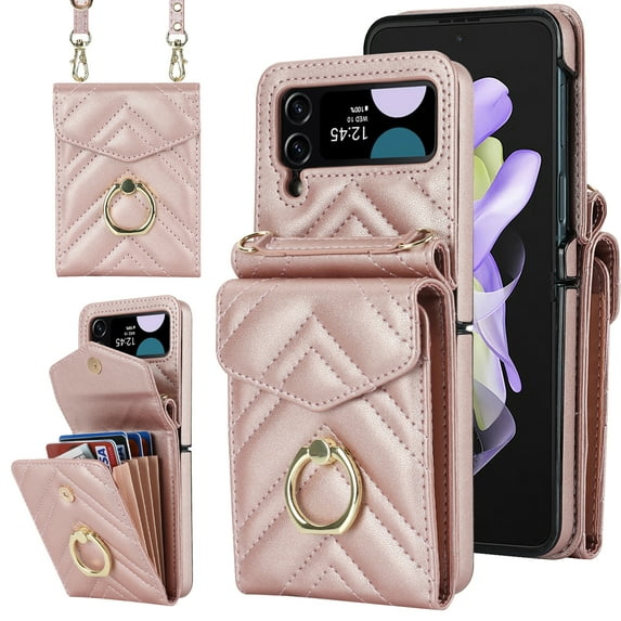 Nalacover Wallet Case for Samsung Galaxy Z Flip 4, RFID Blocking Crossbody Premium PU Leather Lanyard Shoulder Strap Back Purse Cover with Card Slots Metal Ring Holder Shockproof Case,Rosegold