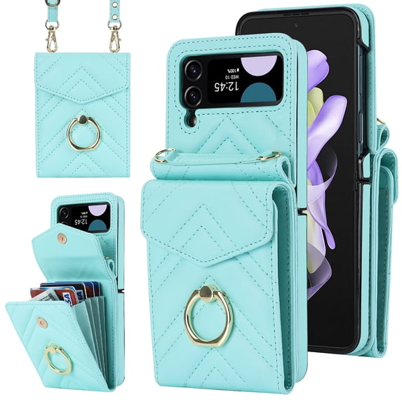 Nalacover Wallet Case for Samsung Galaxy Z Flip 4, RFID Blocking Crossbody Premium PU Leather Lanyard Shoulder Strap Back Purse Cover with Card Slots Metal Ring Holder Shockproof Case,Green