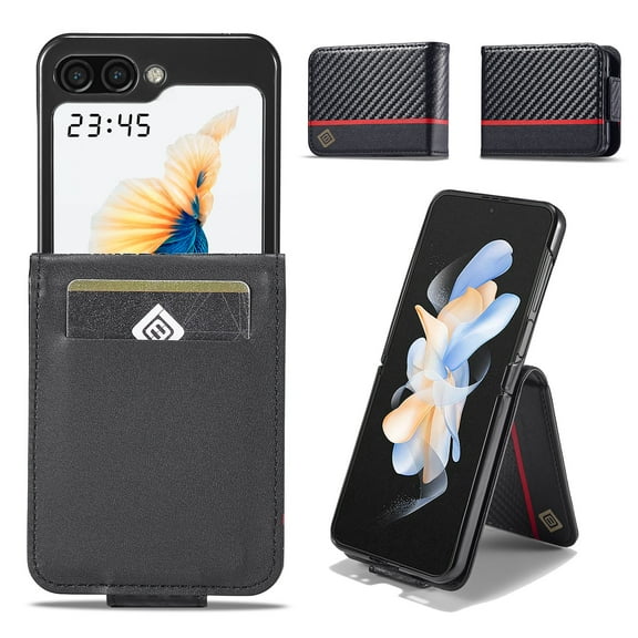 Nalacover Wallet Case for Samsung Galaxy Z Flip 5, Carbon Fiber Premium PU Leather Magnetic Shockproof Flip Cover with Kickstand Credit Card Holder Folio Case, Black Vertical Line