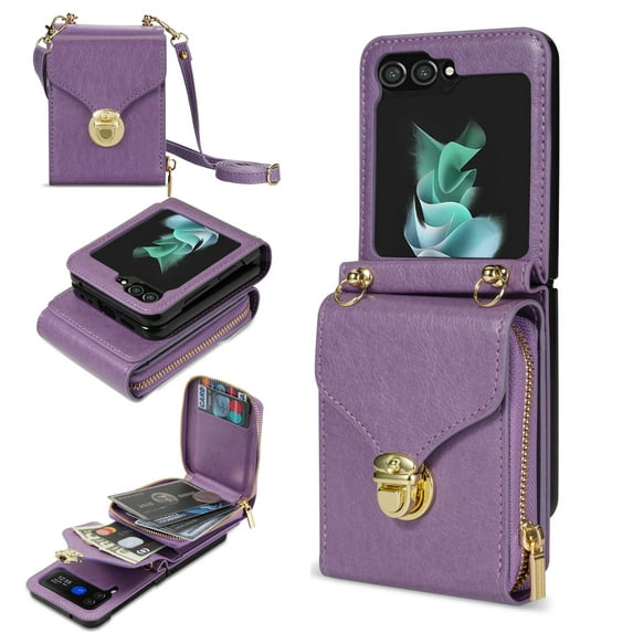 Nalacover Wallet Case for Samsung Galaxy Z Flip5,with Removable Adjustable Shoulder Strap,PU Leather Back Zipper Pocket Card Holder Purse Shockproof Phone Case for Women Men,Purple