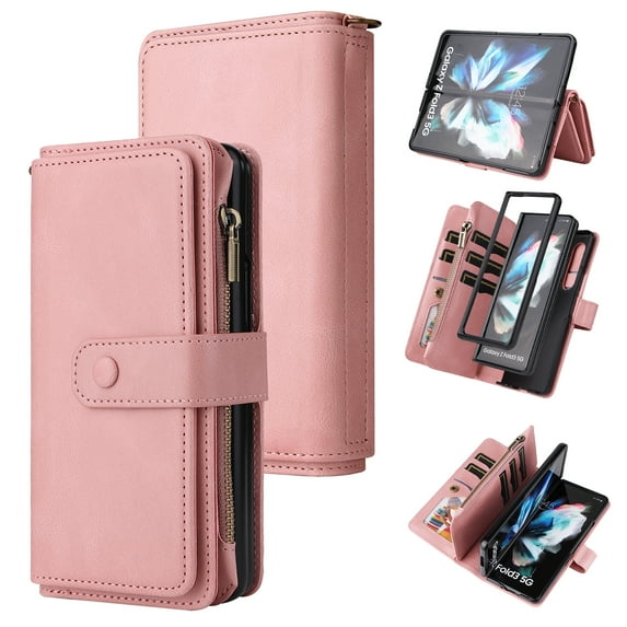 Nalacover Wallet Case for Samsung Galaxy Z Fold 3, [15 Card Slots] [Zipper Pocket] Vintage PU Leather Flip Folio Cover with Magnetic [Wrist Strap] [Kickstand] Skin-Feeling Shockproof Case,Pink