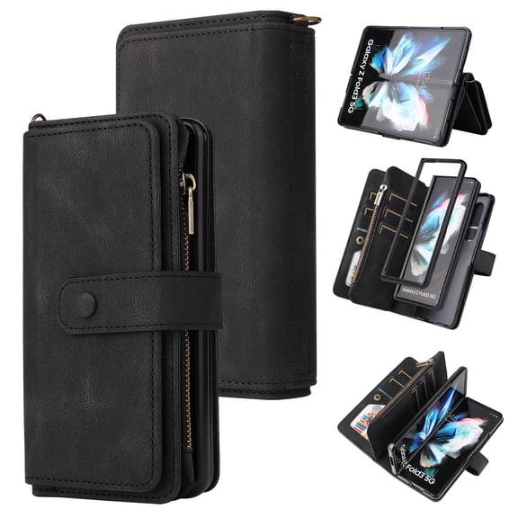 Nalacover Wallet Case for Samsung Galaxy Z Fold 4, [15 Card Slots] [Zipper Pocket] Vintage PU Leather Flip Folio Cover with Magnetic [Wrist Strap] [Kickstand] Skin-Feeling Shockproof Case,Black