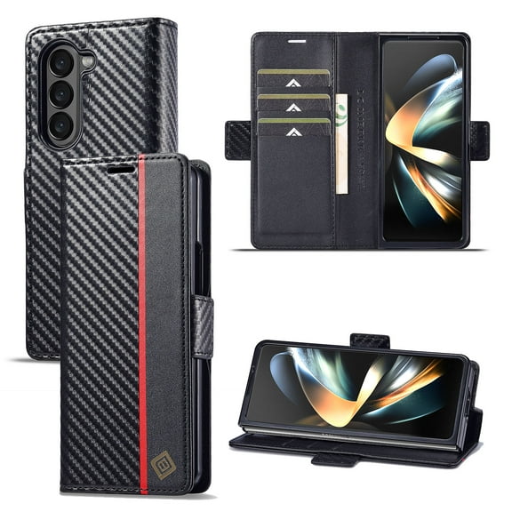 Nalacover Wallet Case for Samsung Galaxy Z Fold 5, Carbon Fiber Premium PU Leather Magnetic Shockproof Flip Cover with Kickstand Credit Card Slots Holder Folio Case, Black Vertical Line