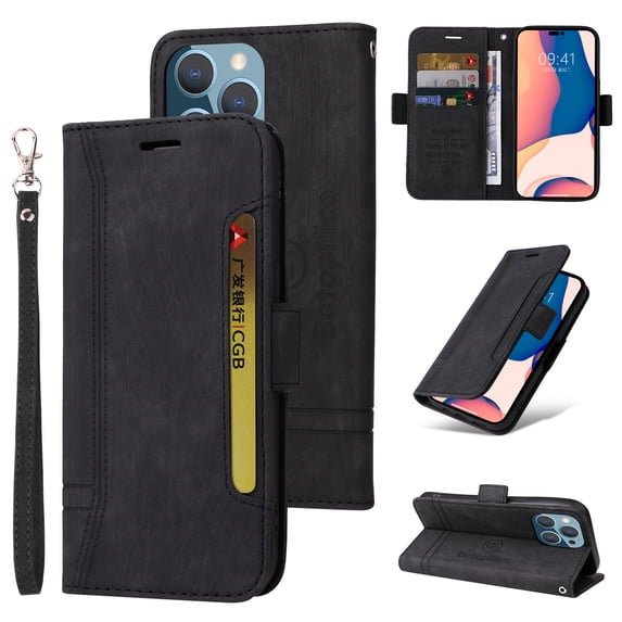Nalacover Wallet Case with Wrist Hand Strap for iPhone 15 Pro Max Purse Case, Premium PU Leather Shockproof Flip Kickstand Cover with Card Slots Holder Case for iPhone 15 Pro Max, Black