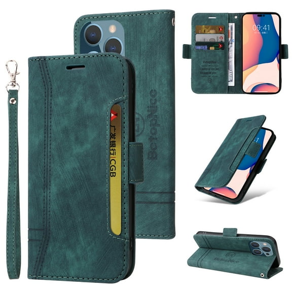 Nalacover Wallet Case with Wrist Hand Strap for iPhone 15 Pro Max Purse Case, Premium PU Leather Shockproof Flip Kickstand Cover with Card Slots Holder Case for iPhone 15 Pro Max, Green