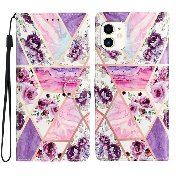 Nalacover Wallet Case for iPhone 11 with Painting Pattern PU Leather Magnetic Kickstand Flip Folio Cover, Card Slots Holder Soft Silicone Shockproof Protective Case, Purple Flower