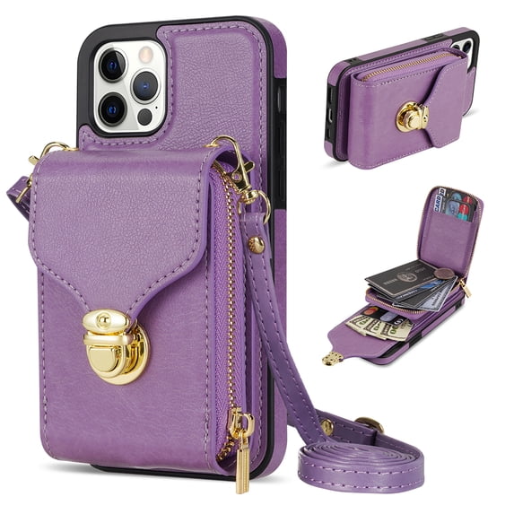 Nalacover Wallet Case for iPhone 12 Pro Max,with Removable Adjustable Shoulder Strap,PU Leather Back Zipper Pocket Card Holder Stand Purse Shockproof Phone Case for Women Men,Purple