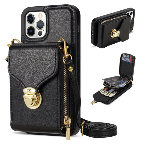 Nalacover Wallet Case for iPhone 12 Pro Max,with Removable Adjustable Shoulder Strap,PU Leather Back Zipper Pocket Card Holder Stand Purse Shockproof Phone Case for Women Men,Black