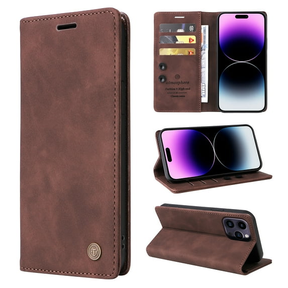 Nalacover Wallet Case for iPhone 12 Pro / iPhone 12 6.1" - Flip Purse Case with Card Holder Kickstand Suction Cup, Premium Business PU Leather Shockproof Phone Cover - Coffee
