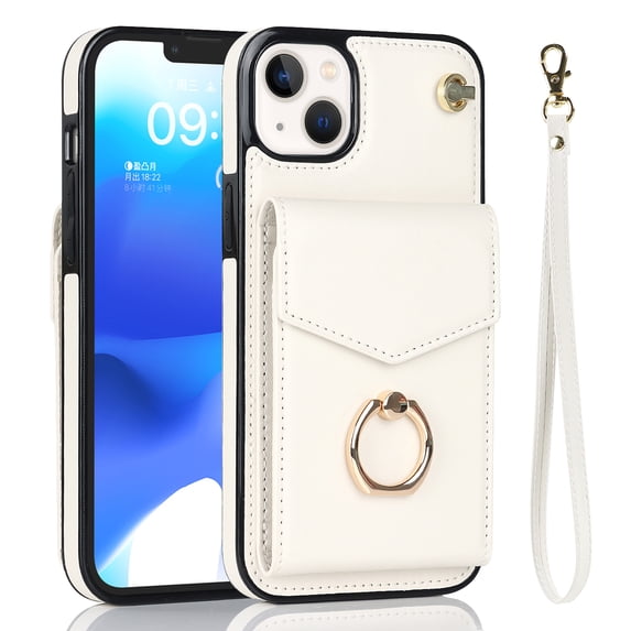 Nalacover Wallet Case for iPhone 13, Back Card Slots/Bag Magnetic Button Ring Holder Stand Cover with RFID Blocking Wrist Hand Strap Luxury PU Leather Anti-Shocks Protective Case,White