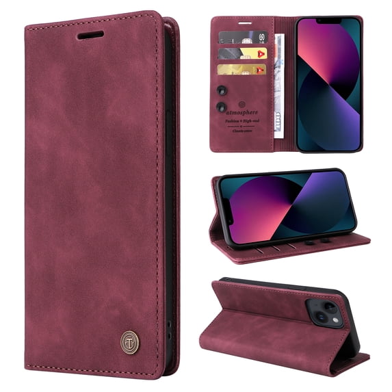 Nalacover Wallet Case for iPhone 13 - Flip Purse Case with Card Holder Kickstand Suction Cup, Premium Business PU Leather Shockproof Phone Cover for iPhone 13 - Red