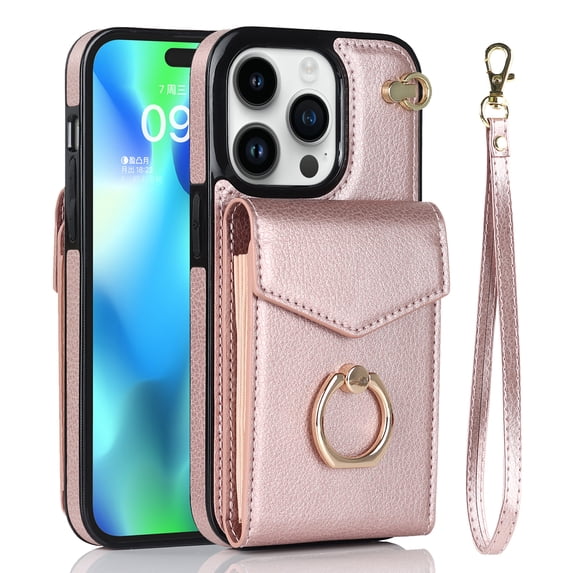 Nalacover Wallet Case for iPhone 13 Pro, Back Card Slots/Bag Magnetic Button Ring Holder Stand Cover with RFID Blocking Wrist Hand Strap Luxury PU Leather Anti-Shocks Protective Case,Rosegold