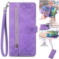 thumbnail image 1 of Nalacover Wallet Case for iPhone 13 Pro, Embossed Pattern Design Zipper Pocket Handbag Wrist Strap Premium PU Leather Flip Cover with Card Slots Holder Magnetic Clasp Kickstand Case,Purple, 1 of 13
