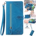 thumbnail image 1 of Nalacover Wallet Case for iPhone 13 Pro, Embossed Pattern Design Zipper Pocket Handbag Wrist Strap Premium PU Leather Flip Cover with Card Slots Holder Magnetic Clasp Kickstand Case,Blue, 1 of 13