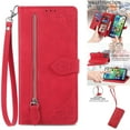 thumbnail image 1 of Nalacover Wallet Case for iPhone 13 Pro, Embossed Pattern Design Zipper Pocket Handbag Wrist Strap Premium PU Leather Flip Cover with Card Slots Holder Magnetic Clasp Kickstand Case,Red, 1 of 13