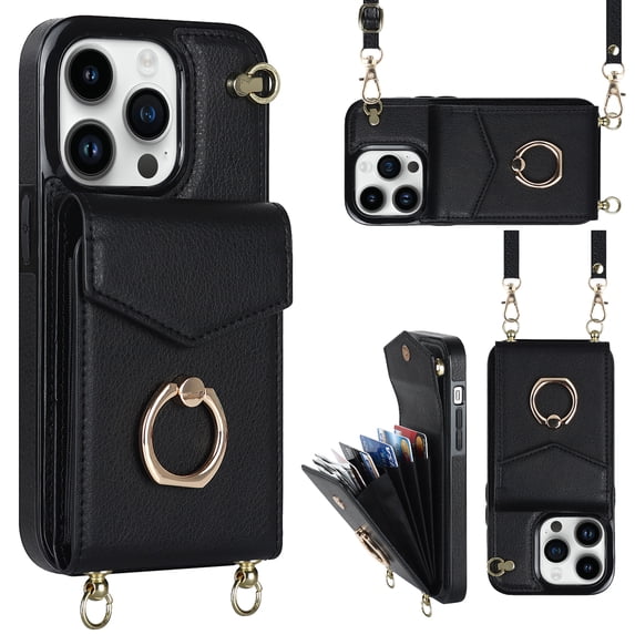 Nalacover Wallet Case for iPhone 13 Pro, Luxury PU Leather Shoulder Strap Lanyard Crossbody Back Card Slot Bag Magnetic Cover with RFID Blocking Ring Holder Kickstand Soft TPU Bumper Case,Black