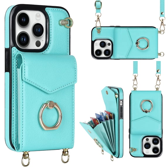 Nalacover Wallet Case for iPhone 13 Pro, Luxury PU Leather Shoulder Strap Lanyard Crossbody Back Card Slot Bag Magnetic Cover with RFID Blocking Ring Holder Kickstand Soft TPU Bumper Case,Mint