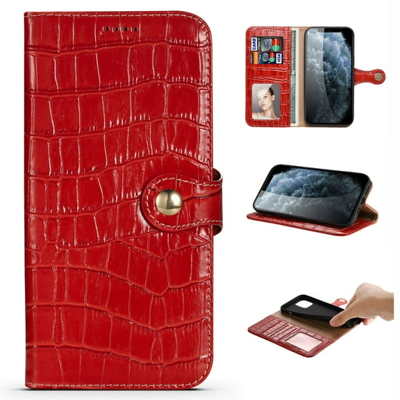Nalacover Wallet Case for iPhone 13 Pro Max, Crocodile Texture Premium Luxury Genuine Leather Card Slots Holder Flip Folio Cover with Kickstand Magnetic Clasp Soft Silicone Shockproof Case,Red