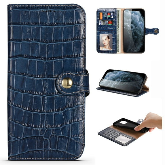 Nalacover Wallet Case for iPhone 13 Pro Max, Crocodile Texture Premium Luxury Genuine Leather Card Slots Holder Flip Folio Cover with Kickstand Magnetic Clasp Soft Silicone Shockproof Case,Blue