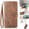 thumbnail image 1 of Nalacover Wallet Case for iPhone 13 Pro Max, Embossed Pattern Design Zipper Pocket Handbag Wrist Strap Premium PU Leather Flip Cover with Card Slots Holder Magnetic Clasp Kickstand Case,Brown, 1 of 13