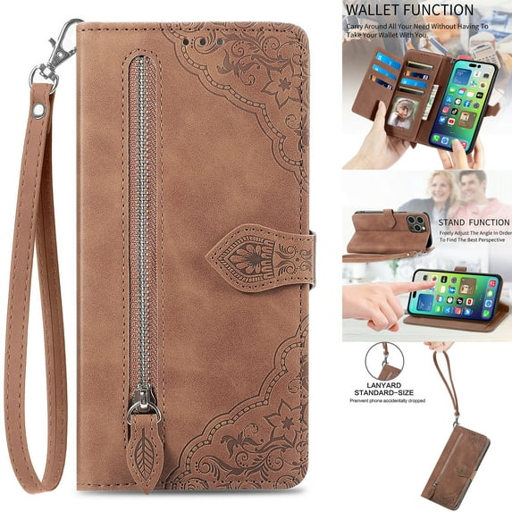 Nalacover Wallet Case for iPhone 13 Pro Max, Embossed Pattern Design Zipper Pocket Handbag Wrist Strap Premium PU Leather Flip Cover with Card Slots Holder Magnetic Clasp Kickstand Case,Brown