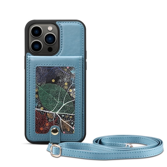 Nalacover Wallet Case for iPhone 13 Pro Max, Exquisite Leaf Pattern Card Slots Holder Wrist Hand Strap Premium PU Leather Flip Cover with Kickstand Magnetic Clasp Protective Case,Blue