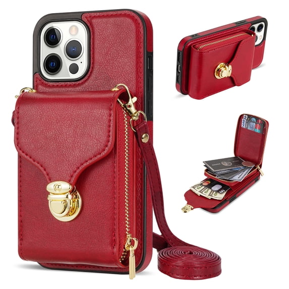 Nalacover Wallet Case for iPhone 13 Pro Max,with Removable Adjustable Shoulder Strap,PU Leather Back Zipper Pocket Card Holder Stand Purse Shockproof Phone Case for Women Men,Red
