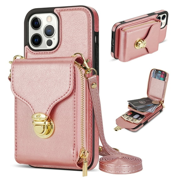 Nalacover Wallet Case for iPhone 13 Pro Max,with Removable Adjustable Shoulder Strap,PU Leather Back Zipper Pocket Card Holder Stand Purse Shockproof Phone Case for Women Men,Rosegold