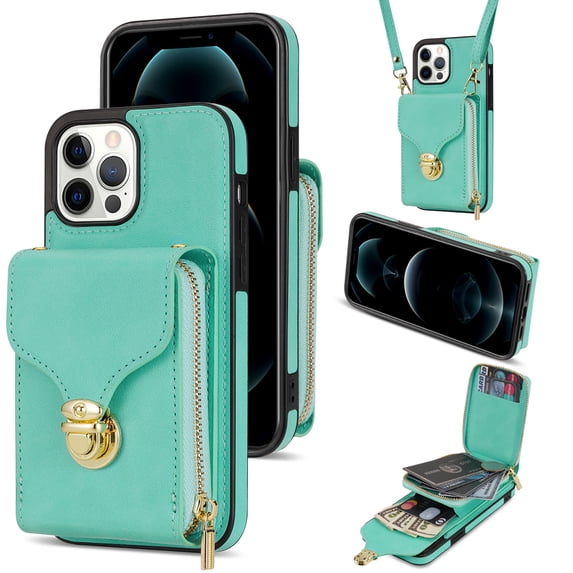 Nalacover Wallet Case for iPhone 13 Pro,with Removable Adjustable Shoulder Strap,PU Leather Back Zipper Pocket Card Holder Stand Purse Shockproof Phone Case for Women Men,Mint