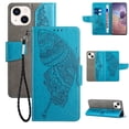 thumbnail image 1 of Nalacover Wallet Case for iPhone 14, Butterfly Embossed Pattern Luxury PU Leather Magnetic Flip Folio Cover with Card Slots Holder Kickstand Wrist Strap Soft Silicone Shockproof Case,Blue, 1 of 9