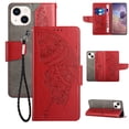 thumbnail image 1 of Nalacover Wallet Case for iPhone 14, Butterfly Embossed Pattern Luxury PU Leather Magnetic Flip Folio Cover with Card Slots Holder Kickstand Wrist Strap Soft Silicone Shockproof Case,Red, 1 of 9