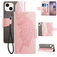 thumbnail image 1 of Nalacover Wallet Case for iPhone 14, Butterfly Embossed Pattern Luxury PU Leather Magnetic Flip Folio Cover with Card Slots Holder Kickstand Wrist Strap Soft Silicone Shockproof Case,Rosegold, 1 of 9