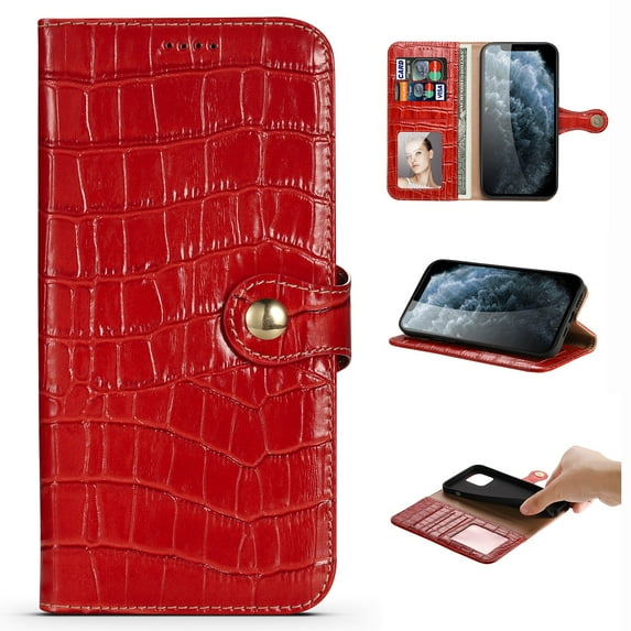Nalacover Wallet Case for iPhone 14, Crocodile Texture Premium Luxury Genuine Leather Card Slots Holder Flip Folio Cover with Kickstand Magnetic Clasp Soft Silicone Shockproof Case,Red