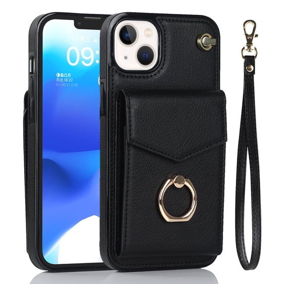 Nalacover Wallet Case for iPhone 14 Plus, Back Card Slots/Bag Magnetic Button Ring Holder Stand Cover with RFID Blocking Wrist Hand Strap Luxury PU Leather Anti-Shocks Protective Case,Black