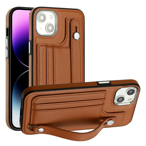 Nalacover Wallet Case for iPhone 14 Plus, Business PU Leather Unique Design Wristband Kickstand Credit Card Holder Slots Shockproof Scratch Resistant Phone Case for iPhone 14 Plus,Brown
